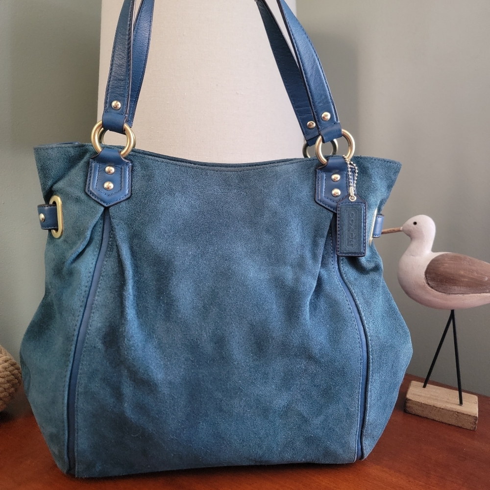 Coach F24689 Colette Teal Blue Suede Leather Tote Shoulder Bag